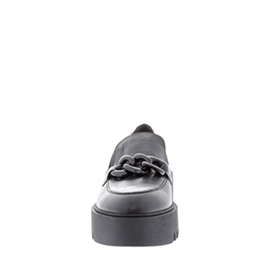 Carl Scarpa Lizi Black Leather Chain Wedge Loafers